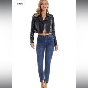 Diashiny Black Cropped Croc-Embossed Women's Motor Biker Jacket-‎ Size Small